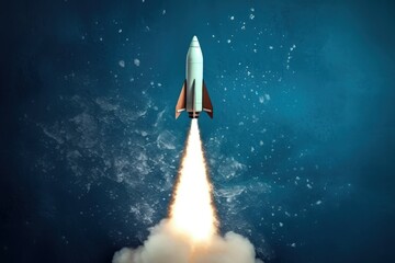 Rocket taking off, startup concept, blue background, digital illustration. Generative AI