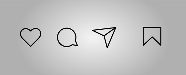 Heart, comment, send, bookmark icons for ui interface. Design for social media. Vector signs on gradient background. Line symbols of black.