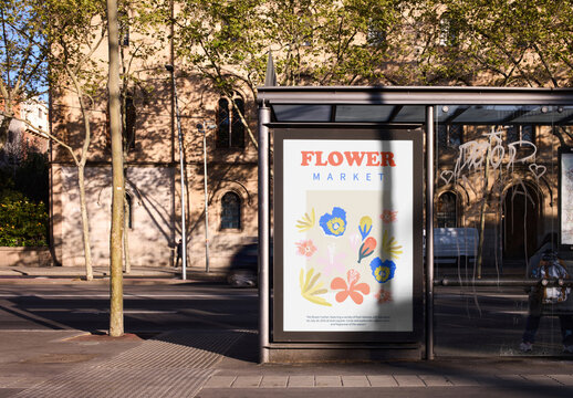Mockup of bus stop with customizable billboard