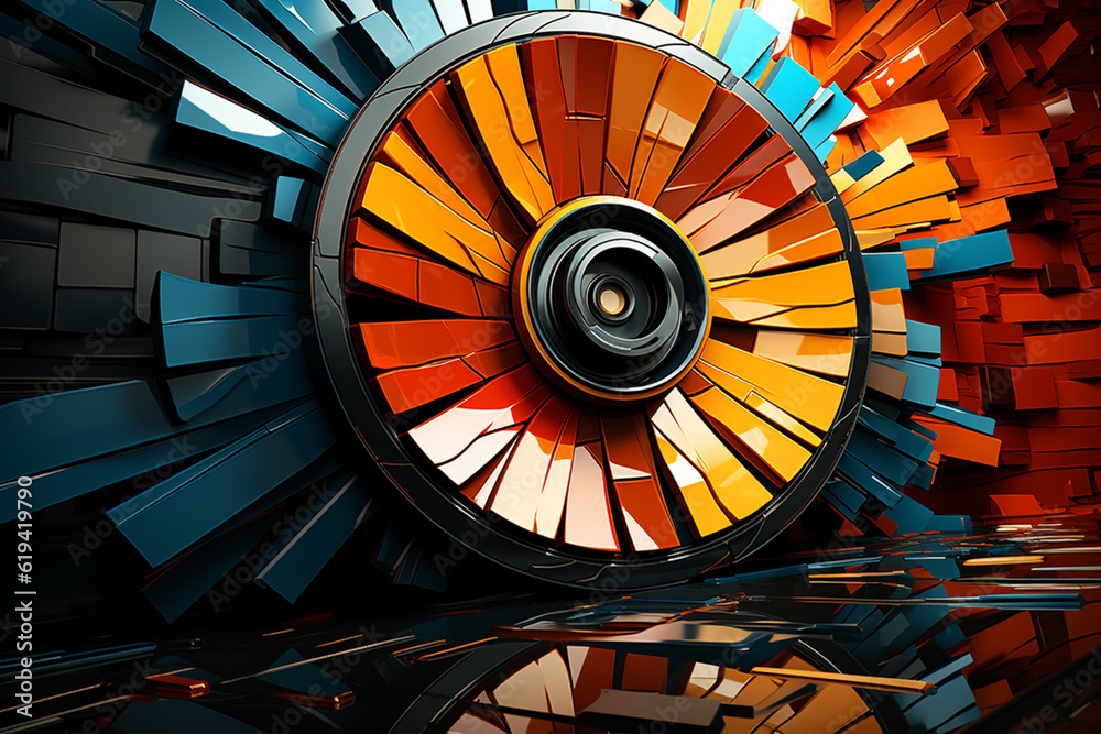 Poster an abstract digital artwork inspired by a car wheel, featuring a mix of geometric shapes and texture