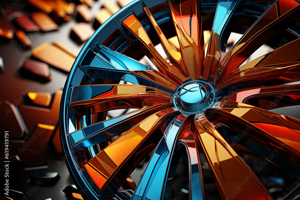 Poster an abstract digital artwork inspired by a car wheel, featuring a mix of geometric shapes and texture