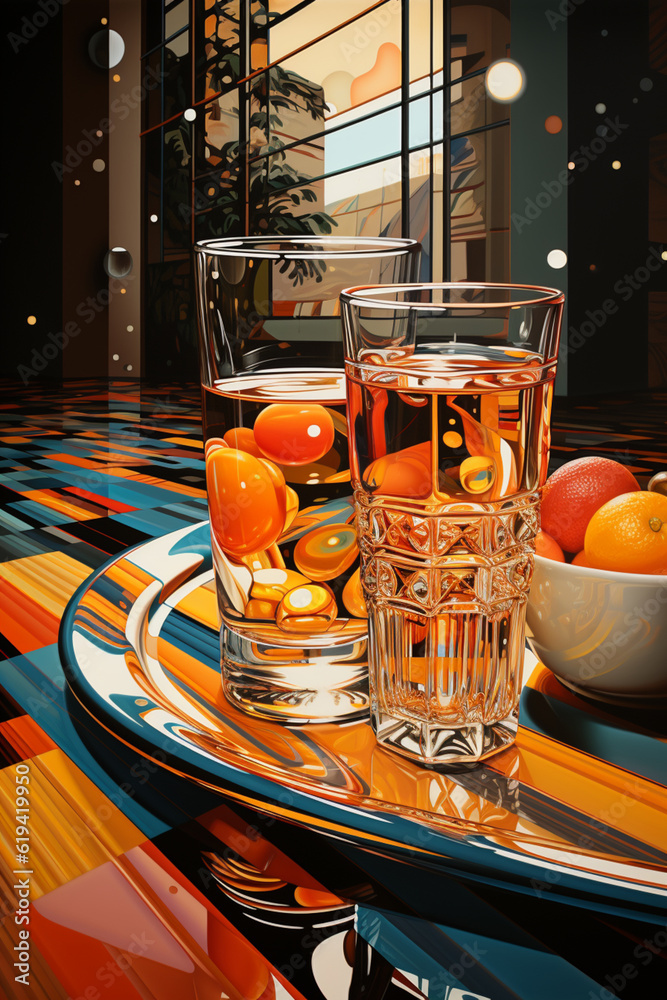 Poster An abstract painting inspired by a beer cup, employing geometric shapes and patterns to convey a sense of depth and dimension. Generative AI technology.