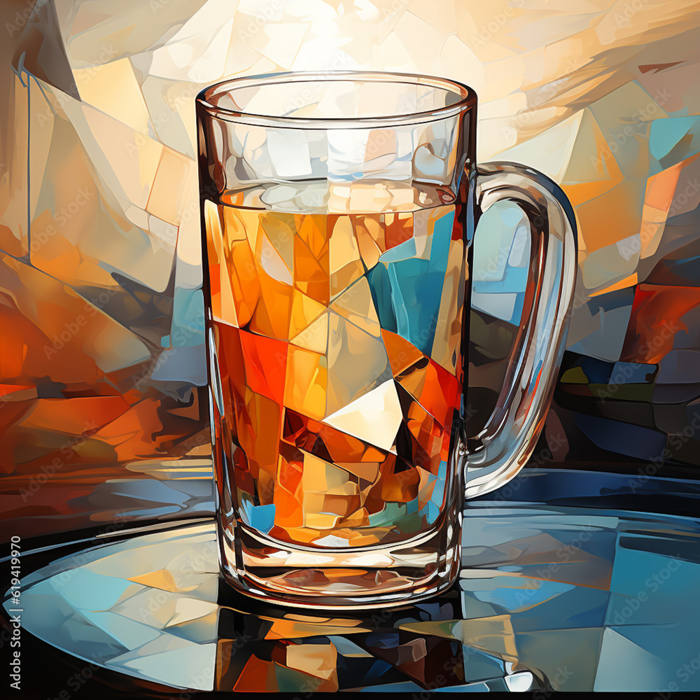 Poster An artistic representation of a beer cup in an abstract geometric style, highlighting the interplay of shapes and lines.  Generative AI technology.