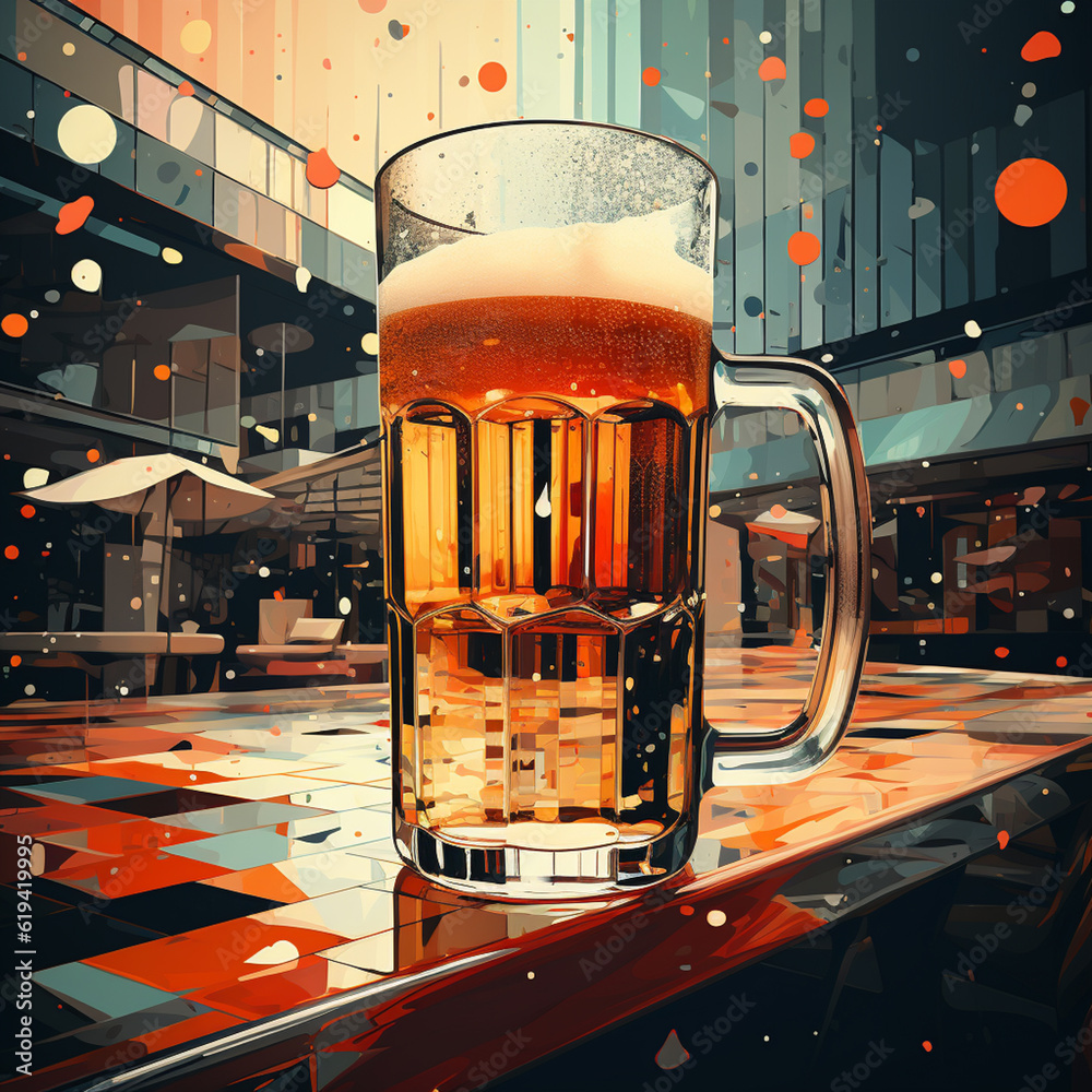 Poster An artistic representation of a beer cup in an abstract geometric style, highlighting the interplay of shapes and lines.  Generative AI technology.