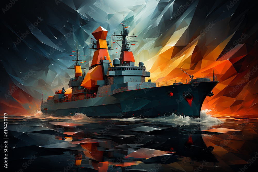 Aufkleber An abstract geometric representation of a battleship, showcasing a combination of angular shapes and bold colors. Generative AI technology.