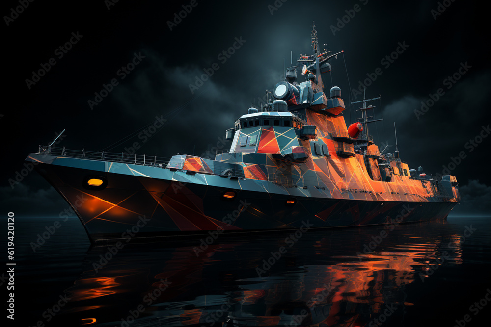 Poster An abstract geometric representation of a battleship, showcasing a combination of angular shapes and bold colors. Generative AI technology.