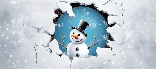 Snowman, broken wall, christmas concept, background bokeh. Generative AI