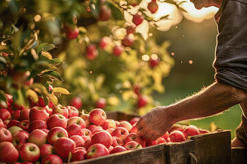 Frisch geerntete Äpfel in einer Kiste. Im Hintergrund unscharf Apfelbäume im Sonnenlicht. - 619420184