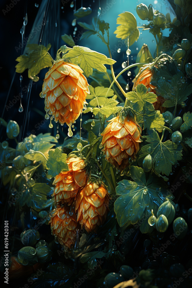 Poster A digital illustration featuring an abstract interpretation of beer hops using geometric shapes and lines. Generative AI technology.