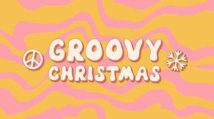 Groovy hippie Christmas. peace, rainbow in trendy retro cartoon style. Merry Christmas and Happy New year greeting card, poster, print, party invitation, background.