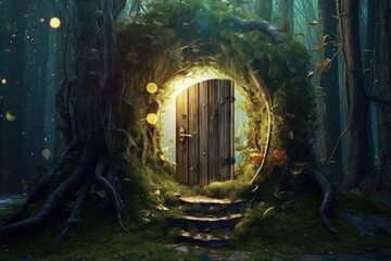 Magic door in the middle of the forest, concept of fantasy and dreams, digital illustration. Generative AI