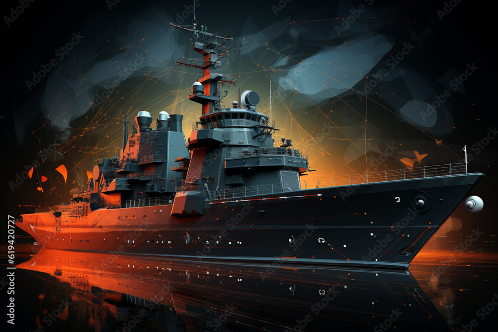 Poster An abstract geometric representation of a battleship, showcasing a combination of angular shapes and bold colors.  Generative AI technology.