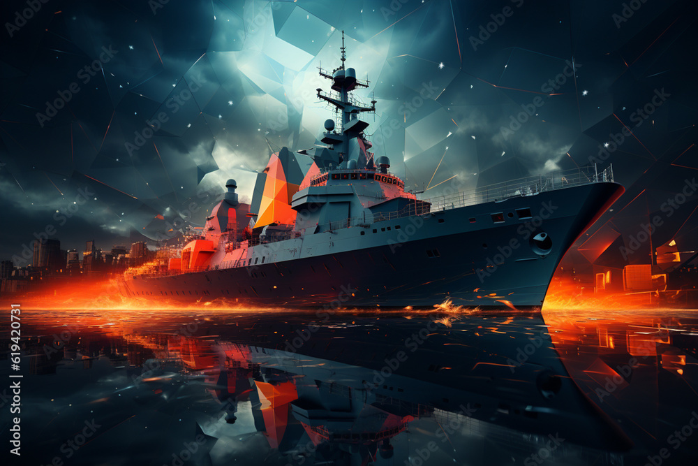 Poster An abstract geometric representation of a battleship, showcasing a combination of angular shapes and bold colors.  Generative AI technology.
