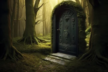Magic door in the middle of the forest, concept of fantasy and dreams, digital illustration. Generative AI © Deivison
