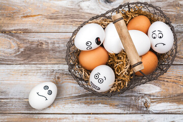 Don't put all of your eggs in one basket background. Funny eggs with different mood faces. July 9 - National Dont Put All Your Eggs in One Omelet Day