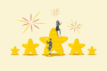 Banner collage artwork billboard of happy friends celebrate event five star night club isolated on white color painted background