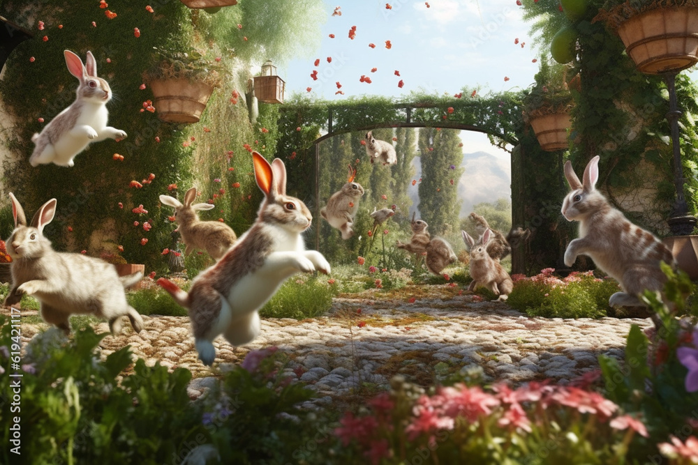 Poster a group of rabbits hopping and playing in an enclosed garden, illustrating the trend of creating enr