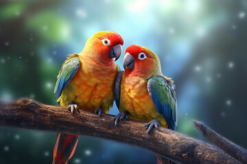 Fototapeta na wymiar A pair of lovebirds perched on a branch, symbolizing the affection and strong bond between these small parrot species and their owners. Generative AI technology.