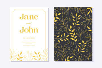 yellow hand drawn floral wedding invitation card template