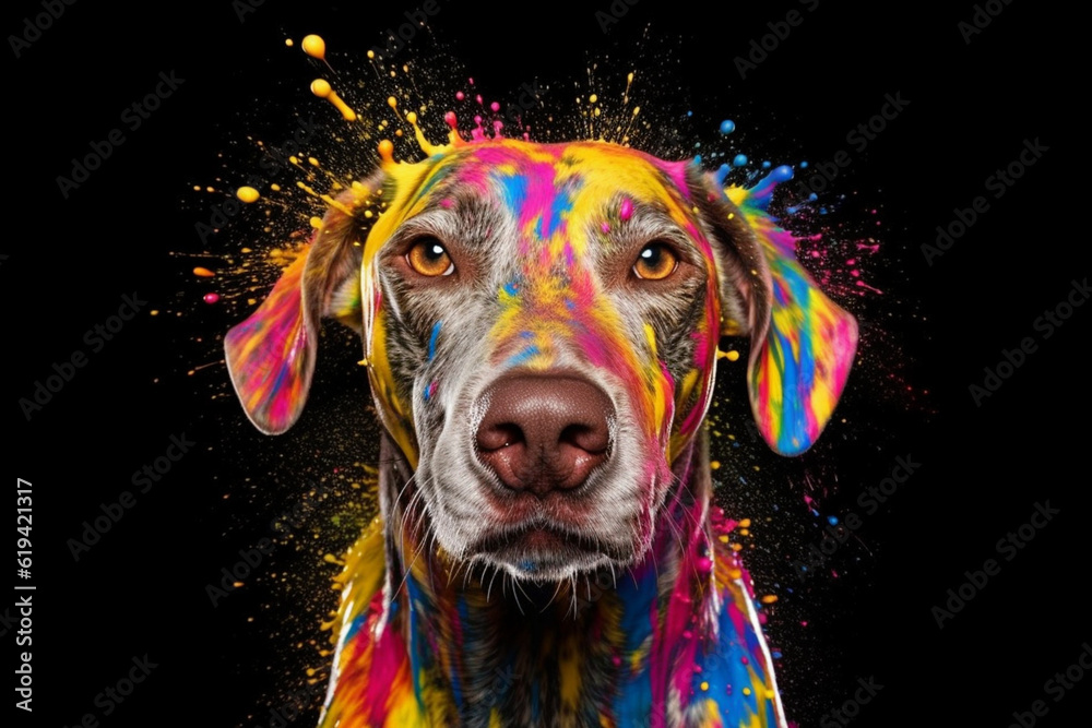 Aufkleber an abstract surreal photograph of a dog splashed in bright paint, symbolizing freshness and health. 