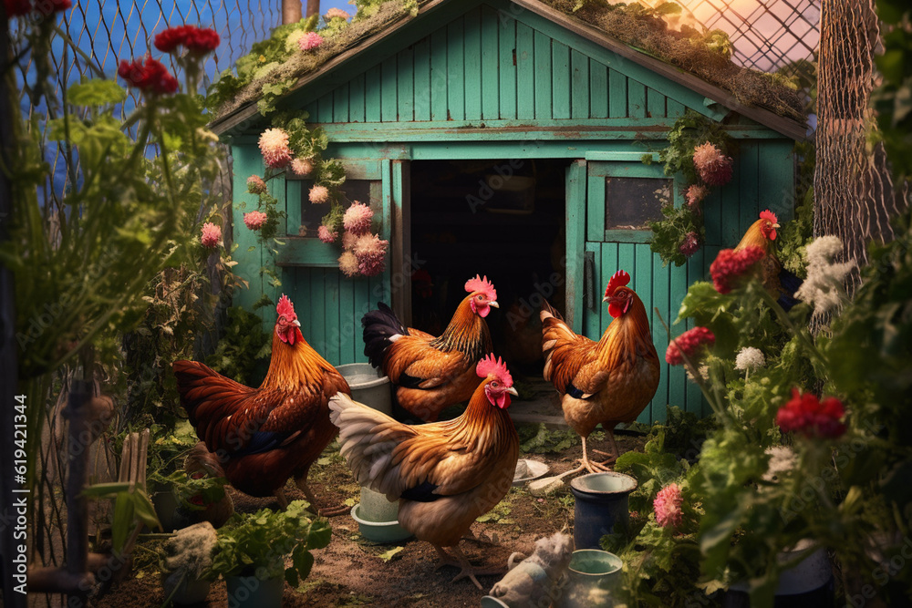 Aufkleber A group of chickens pecking around in a backyard coop, representing the rising trend of urban farming and sustainable egg production. Generative AI technology.