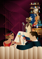 Party invitation design in retro art deco style. Party with a singer and a bartender in a club