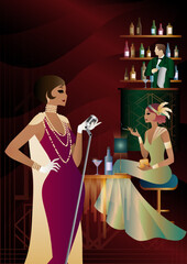 Party invitation design in retro art deco style. Party with a singer and a bartender in a club