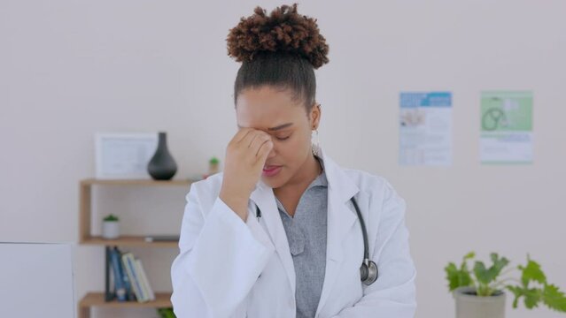Healthcare, mistake and face of woman doctor with no, crisis or headache while working in hospital. Clinic, fail and portrait of female health expert disappointed, anxiety or medical, stress or worry