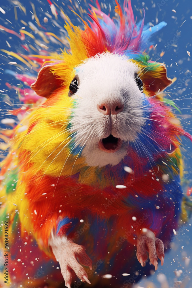Poster an abstract surreal photograph of a guinea pig splashed in bright paint, contemporary colors and moo