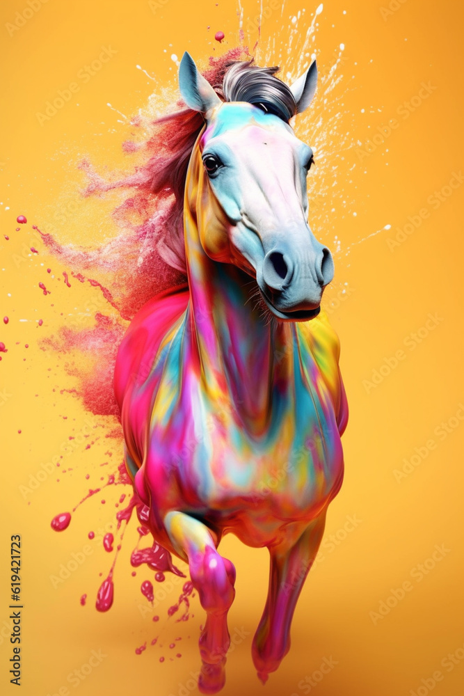 Poster an abstract surreal photograph of a pony splashed in bright paint, contemporary colors and mood soci