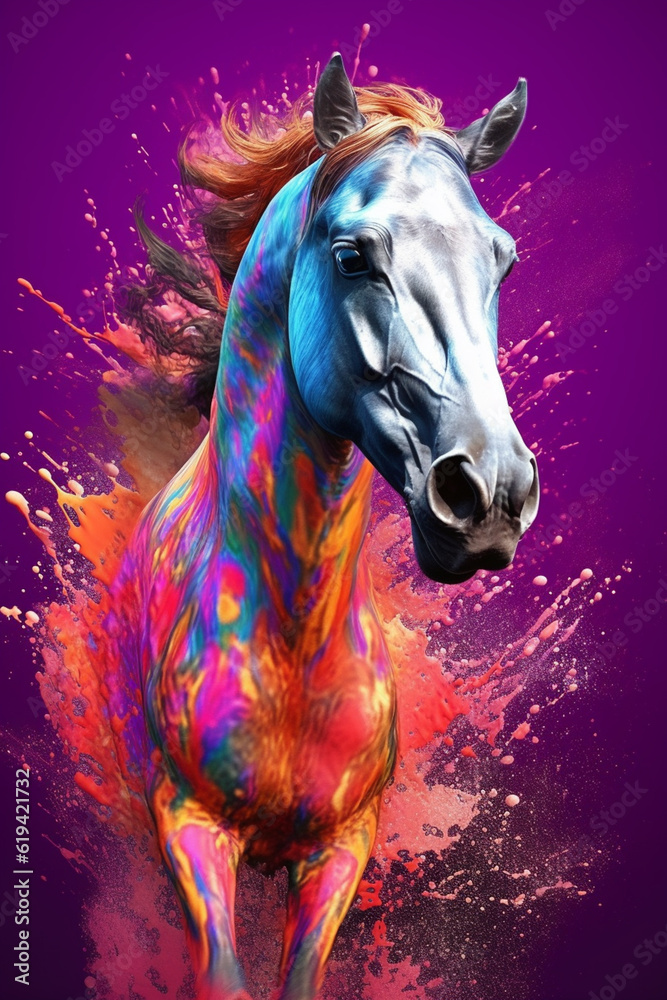 Poster an abstract surreal photograph of a horse splashed in bright paint, contemporary colors and mood soc