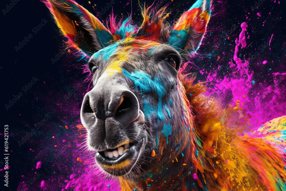 Poster an vibrant photograph of a donkey splashed in bright paint, contemporary colors and mood social back
