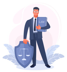 A man businessman in a suit, a lawyer, advocate holds a law book and a shield with scales in his hands. The concept of justice, the services of a lawyer, lawyer, defender in court. Vector illustration