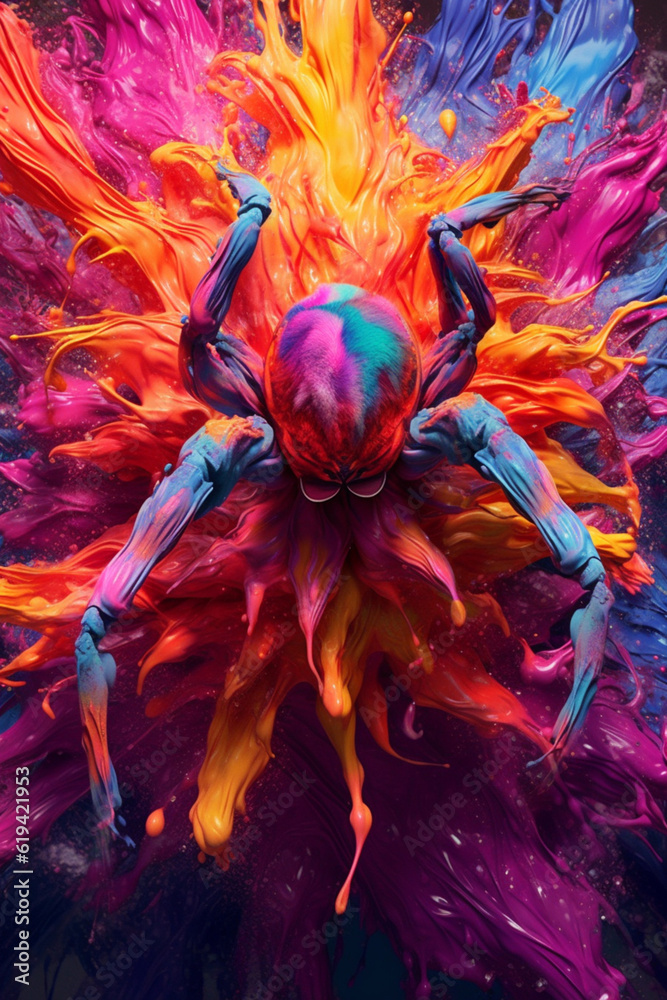 Poster an abstract surreal photograph of a tarantula splashed in bright paint, contemporary colors and mood
