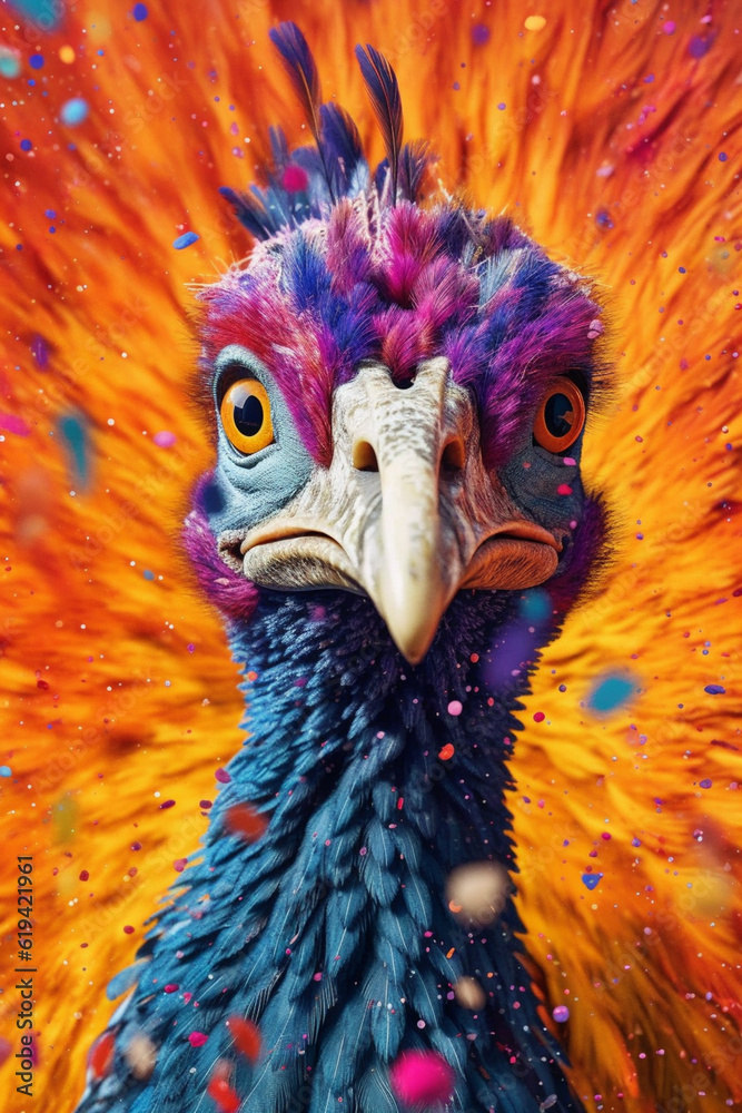 Aufkleber an abstract surreal photograph of a guinea fowl splashed in bright paint, contemporary colors and mo