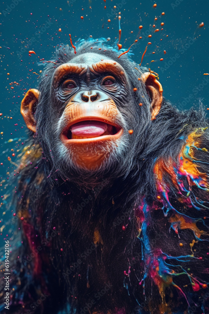Poster an abstract surreal photograph of a chimpanzee splashed in bright paint, contemporary colors and moo