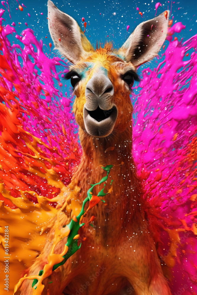 Aufkleber an abstract surreal photograph of a kangaroo splashed in bright paint, contemporary colors and mood 