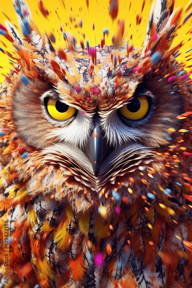 Poster an abstract surreal photograph of a owl splashed in bright paint, contemporary colors and mood socia