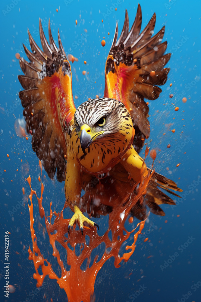 Poster an abstract surreal photograph of a falcon splashed in bright paint, contemporary colors and mood so