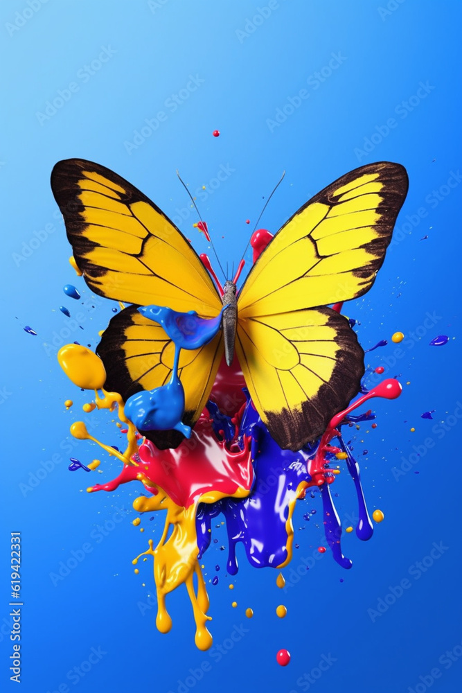 Aufkleber an abstract surreal photograph of a butterfly splashed in bright paint, contemporary colors and mood