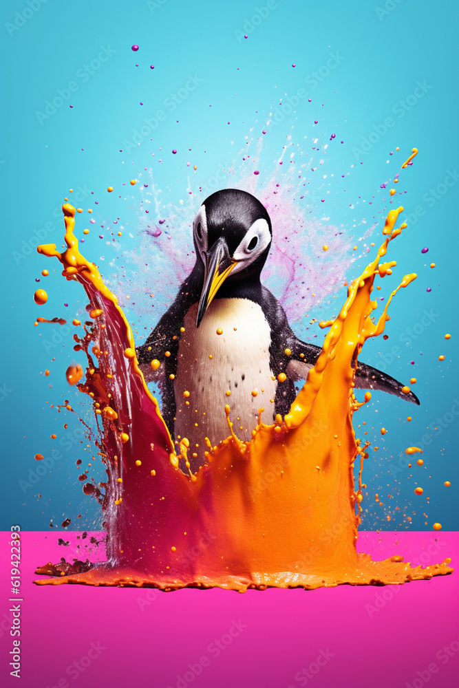 Poster an abstract surreal photograph of a penguin splashed in bright paint, contemporary colors and mood s