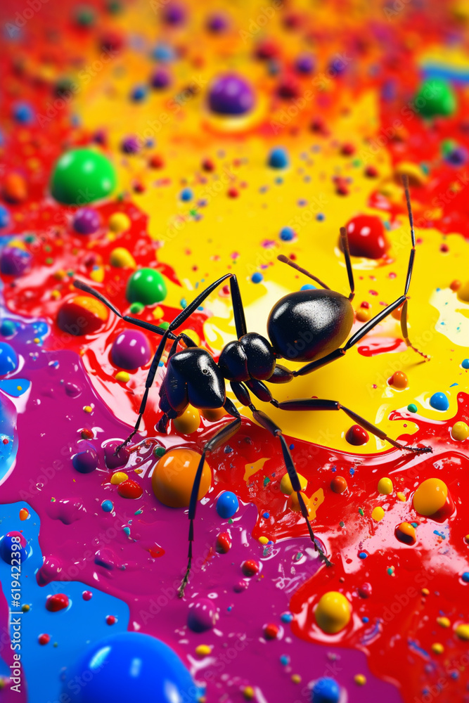 Poster an abstract surreal photograph of a ant splashed in bright paint, contemporary colors and mood socia