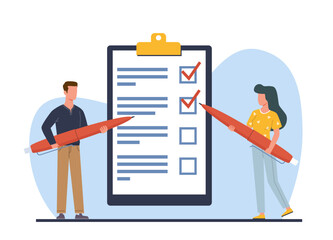 Man and woman hold pens and write down goals to achieve or make to do list. Tiny people with huge checklist, red pencil and clipboard paper. Cartoon flat style isolated vector concept - obrazy, fototapety, plakaty