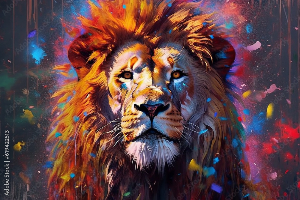 Poster a majestic lion with vibrant, multicolored paint dripping from its mane, showcasing its regal beauty