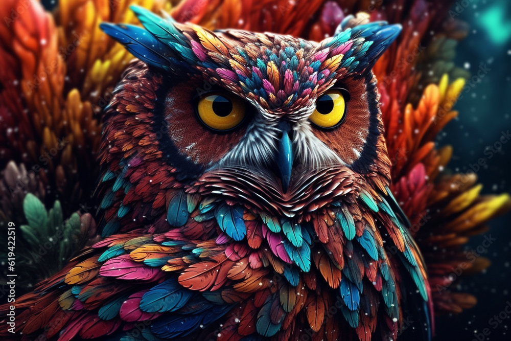 Poster a wise owl perched on a branch, its feathers splattered with a kaleidoscope of colors, symbolizing t