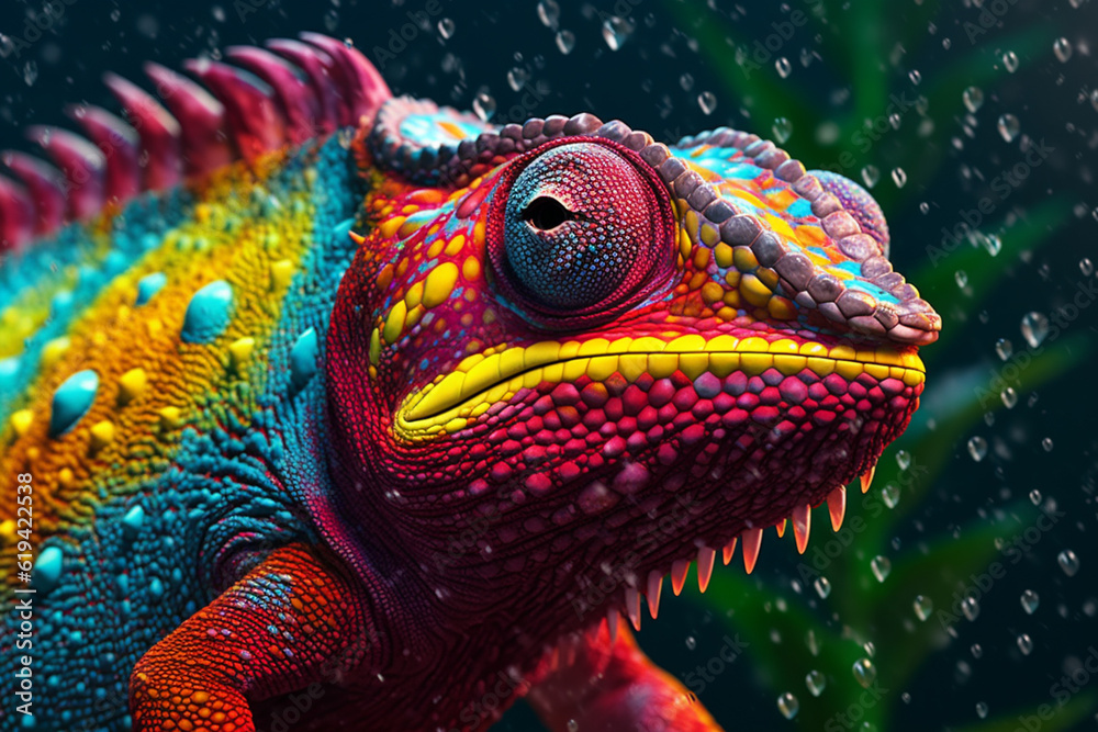 Poster A curious chameleon blending into its colorful surroundings, its body marked with dripping paint in various shades, symbolizing the adaptability. Generative AI technology.