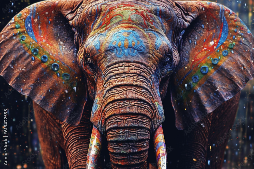Poster a gentle elephant with intricate paint drips adorning its wrinkled skin, capturing the wisdom and ge