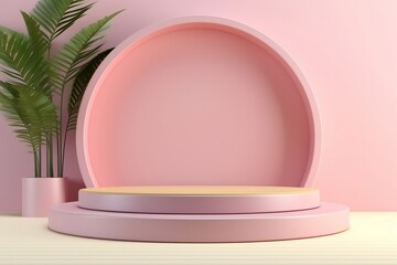 A pink plate sitting on top of a table next to a potted plant. Generative AI