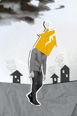 Vertical creative composite photo collage of sad depressed headless man house instead of head lost...
