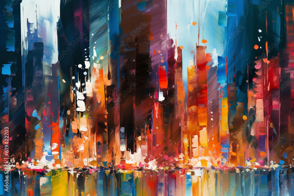 Poster an abstract painting of a cityscape with vibrant paint drips depicting the energy and movement of ur